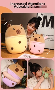 Detailed plush capybara milk tea cup toys in various pastel colors for home decor