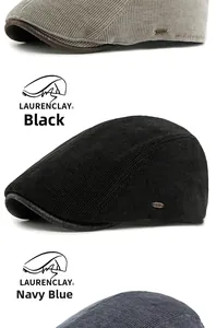 Detailed corduroy texture and metallic logo on vintage thermal beret hats in three colors