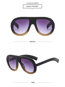 Front and side views of black pilot sunglasses with tea grey gradient lenses