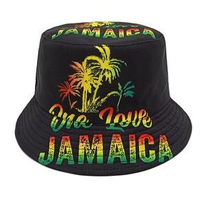 Bucket Hat One Love Jamaica Print Palm Tree Cotton Canvas Sun Protection Outdoor Retro Reggae Rasta Style Streetwear