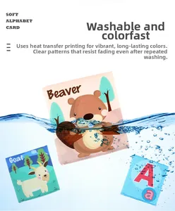 Washable baby alphabet cloth cards with water splashes showing colorfast fabric texture