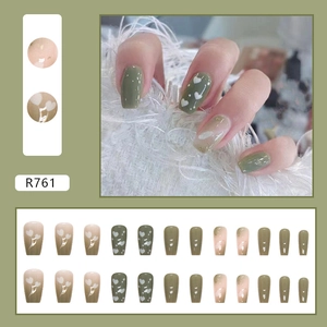 Green and nude ballerina press-on nails set with heart art and gradient design