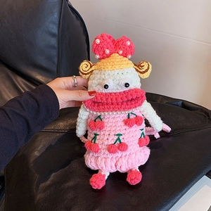 Handmade Crochet Cartoon Doll Crossbody Phone Bag Knitted Yarn Cherry Grape Pattern Artificial Pearl Necklace Novelty Kawaii