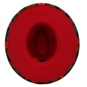 Detailed top view of red felt fedora featuring a colorful plaid brim for festive holiday decor