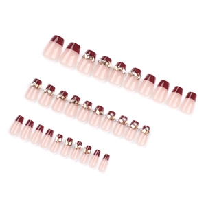 French wine red press-on nails set with champagne glitter and diamond rhinestones