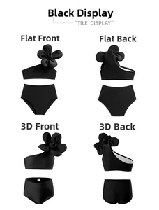 Vue détaillée en 4 angles, maillot de bain noir avec fleur 3D et épaule asymétrique chic