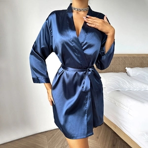 Navy blue silk satin kimono bathrobe with V-neck and belt for women loungewear