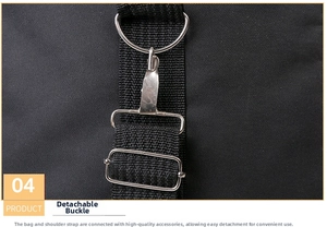 Detail of durable silver metal detachable swivel hook on black nylon travel bag