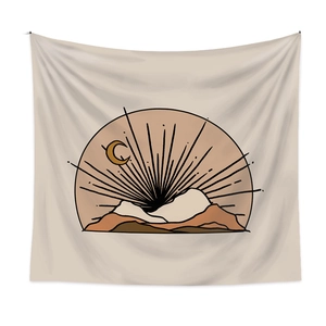 Detail of bohemian wall tapestry with minimalist mountain and moon line art