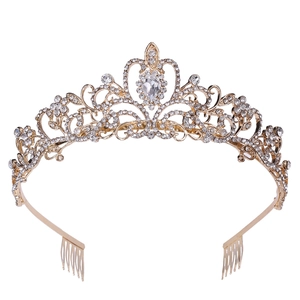 Golden Baroque bridal crown with white crystals and built-in hair combs for wedding styling