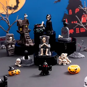 Halloween Miniature Resin Ornaments Spooky Skeleton Grim Reaper Tombstone Figurine Desktop Micro Landscape Decor Novelty