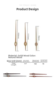 Detailed size chart of walnut wood clock hands showing hour, minute, and second hand lengths