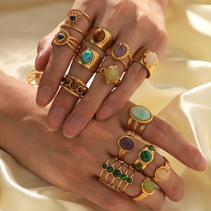 Vintage Geometric Adjustable Rings For Women 18K Gold Plated Stainless Steel Natural Stone Retro Jewelry Bohemian Style