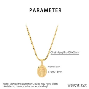 Detail view of 18K gold plated stainless steel box chain with oval portrait pendant