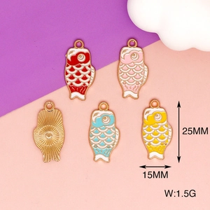 Detail view of 25mm koi fish enamel pendants in various colors with size specifications