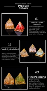 Detailed view of Orgone Pyramid with natural crystals, copper coil, and gold foil craftsmanship