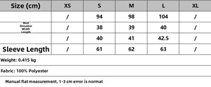 Detailed size chart for metallic long sleeve jacket with measurements in centimeters