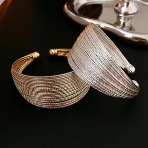 Multi Layer Open Cuff Bracelet Real Gold Plated Metal Wire Weave Texture Adjustable High End Minimalist For Women
