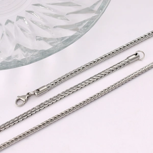 Elegant silver foxtail chain sweater necklace with lobster clasp on clean white background