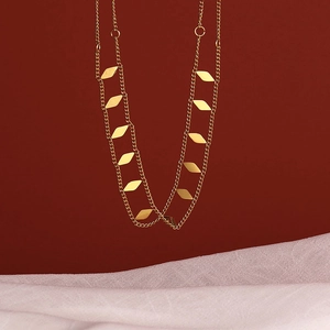 Elegant gold double-layered geometric diamond pendant necklace with a polished finish