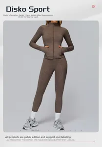 Detail of coffee brown brushed yoga set with stand-collar zipper jacket and high waist leggings