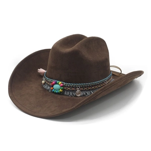 Ethnic wide brim faux suede western cowboy hat with bohemian beaded turquoise band