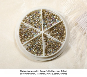 Macro view of iridescent pointed rhinestones in a 6-grid wheel for professional nail art DIY