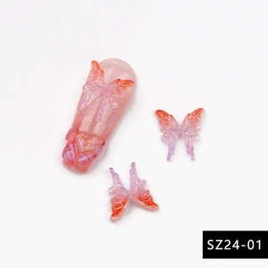Detail van 3D aurora vlinder nageldecoraties en lange roze gradiënt hars kunstnagels