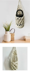 Detail of handmade cream macrame water bottle carrier bag showing mesh texture