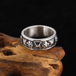 Detailed close-up of retro stainless steel skull ring on a rustic wood background