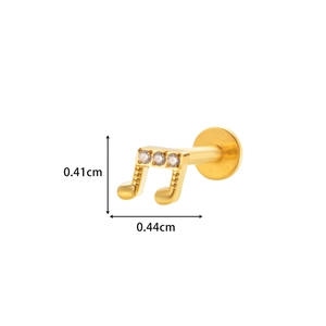 Detail showing dimensions of gold music note ear stud with micro-set zircons and flat back