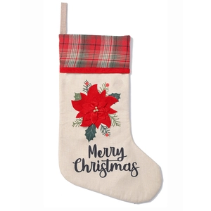 Linen Christmas stocking with red poinsettia flower and Merry Christmas embroidery