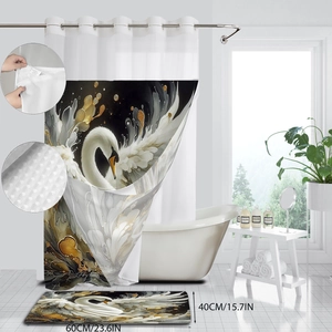 Detail view of black and gold swan shower curtain with matching bathroom floor mat