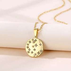 Stainless Steel Round Disc Pendant Necklace With Cubic Zirconia Four Pointed Star Celestial Jewelry For Women