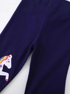 Dark blue cotton knit leggings for girls with colorful unicorn embroidery decoration