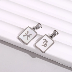Square stainless steel zodiac necklace featuring Pisces and Capricorn shell pendants