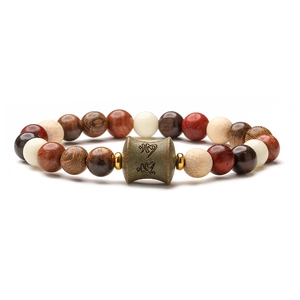 Ethnic style multi-material beaded bracelet with natural agate and engraved wood beads
