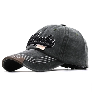 Vintage washed grey baseball cap with Los Angeles 3D embroidery and leather trim