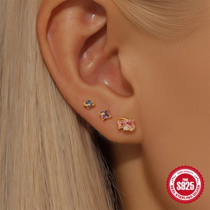 Three-piece set of elegant S925 sterling silver stud earrings with colorful zircon stones