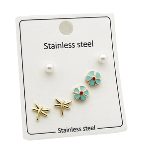 Three-pair stainless steel earring set featuring pearls, enamel flowers, and dragonflies