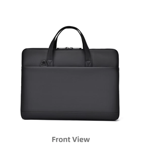 Detail of waterproof nylon laptop bag showing reinforced handles and front pocket