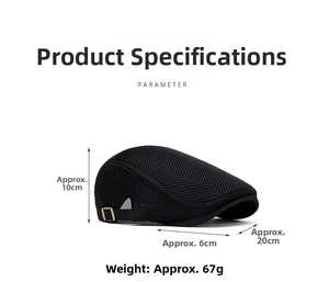 Mesh newsboy cap measurements showing 10cm height and 6cm brim with metal buckle detail