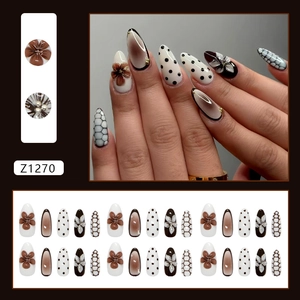 Retro 3D floral brown press-on nails with almond shape, polka dots and grid patterns