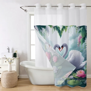 Détail du tissu imperméable avec cygnes blancs en forme de cœur et imprimé de lotus