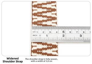 Detail of 3.8CM wide woven shoulder strap featuring geometric brown and white pattern