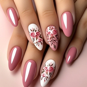Pink Rose Floral Press On Nails Almond Shape Glossy Sweet French Style False Nails For Women With Adhesive Tabs