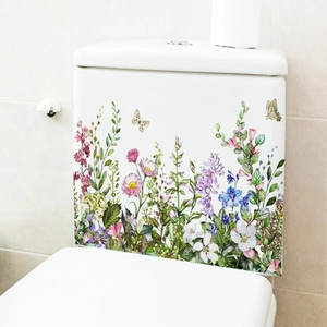 Floral toilet tank sticker with colorful wildflowers and butterflies for bathroom decor