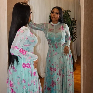 Floral print A-line dress with long sleeves and pleated mesh in light mint green
