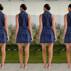 Vintage dark blue sleeveless denim A-line dress with a flattering back view design