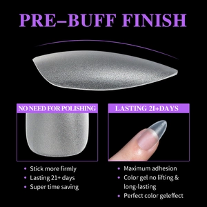 Macro view of pre-buffed matte almond nail tips with semi-transparent texture details